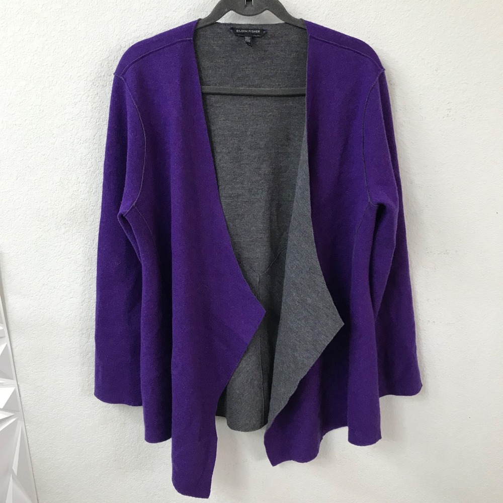 Eileen Fisher Womens Merino Wool Open Front Cardigan Sweater Sz L Purple/Gray